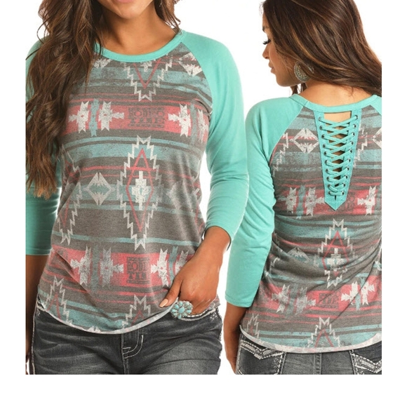 Aztec Print Raglan Sleeve Top - Teal and Gray - Picture 1 of 7